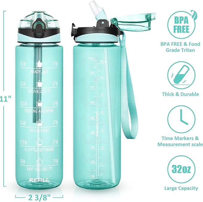 Fimibuke 32 oz Water Bottle with Sleeve - BPA Free Leakproof Sport Large 1L Plastic Motivational Water Bottle with Straw Strap & Insulated Neoprene Holder Carrier Bag Great Xmas Gift for Women Men
