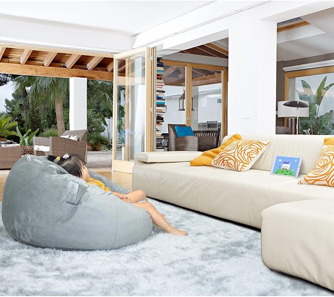 Bean Bag Chair Cover, Stuffed Animal Storage, Plush Toys Organizer Holder, Beanbag Chairs Cover for Kids Teans and Adults Super Soft and Comfortable Fabric X-Large with Handle and Zipper -Round Grey