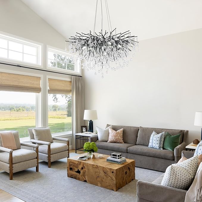 Black Chandeliers for Dining Room,Farmhouse Crystal Chandelier,10-Light Tree Branch Chandelier Light Fixture for Living Room, Kitchen Island D31.5