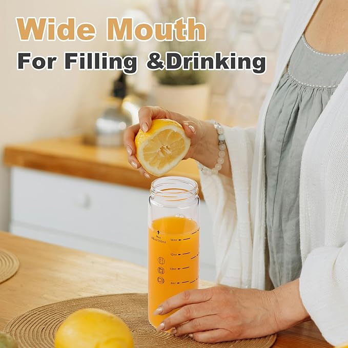 SIEROZUR Juice Bottles - 6 Pack Wide Mouth Glass Bottles with Lids - for Juicing, Smoothies, Infused Water, Beverage Storage - 16oz, BPA Free, Stainless Steel Lids, Leakproof, Reusable, Borosilicate