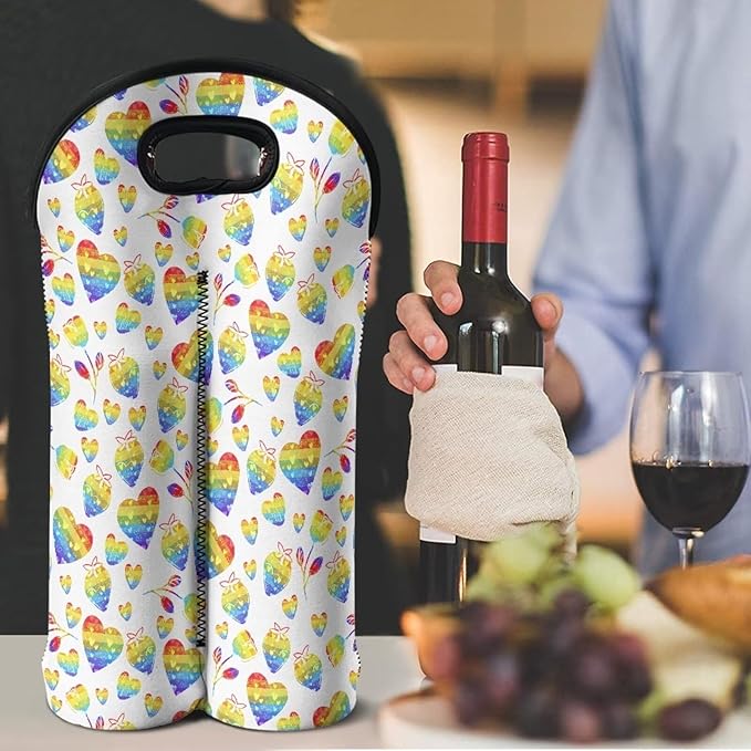 doginthehole 2 Bottle Wine Carrier Gift Bag Colorful Heart Print Neoprene Wine Tote Portable Champagne/Water Bottle/Beer/Drinks Carrying Bag for Travel, Picnic, Party