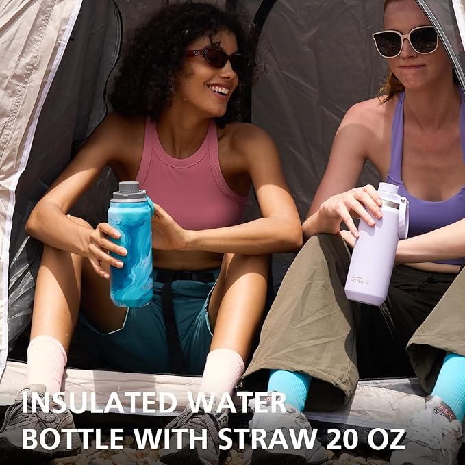 Greylock 20 oz Insulated Stainless Steel Water Bottle with Straw Lid- BPA-Free Leak Proof When Closed, Reusable Metal Water Bottle with Carry Handle for Travel Camping, 24 Hours Cold (Tides)