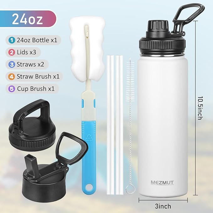 Insulated Water Bottle 24oz Stainless Steel Water Bottles with Straw&3 Lids Sports Metal Water Bottle Thermos Cup Double Walled Vacuum Insulated Bottles Leak-Proof Travel(White)