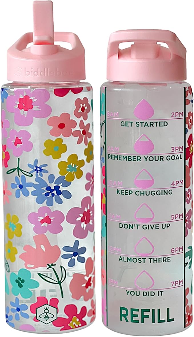 Biddlebee 32oz. Hydration Tracker Water Bottles with Times To Drink | Big Motivational Water Bottle with Time Marker, Straw Lid, & Measurements | BPA-Free