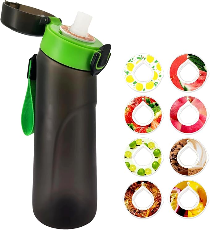 Air Water Bottle with Flavor Pods, 25 OZ Tritan Sports Water Bottle with Straw, Scented Water Bottle with Handle (Black Green+8 Flavor Pods)