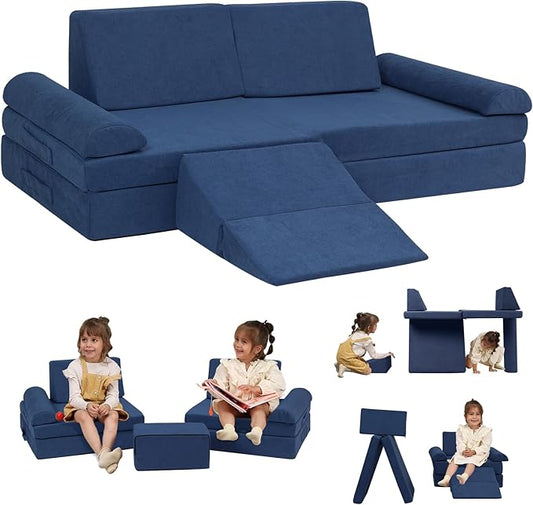 Kids Couch, 9 PCS Play Couch Sofa for Kids Imaginative Furniture Play Set for Creative Kids,Toddler to Teen Bedroom Furniture, Couch Sofa Foam Play Couch Indoor Outdoor（Chenille Blue）