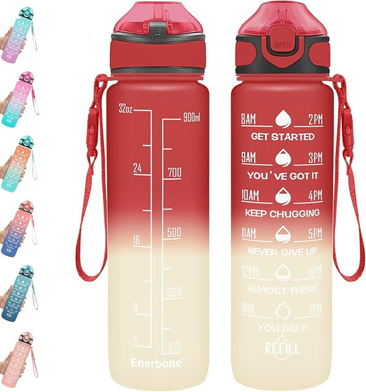 Enerbone 32 oz Drinking Water Bottle with Times to Drink and Straw, Motivational with Carrying Strap, Leakproof BPA & Toxic Free, Ensure You Drink Enough Water for Fitness Gym Outdoor