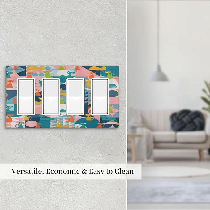 Mid Century Modern Atomic Cute Cats 4 Gang Rocker Decora Light Switch Cover Outlet Covers Wall Plate Decorative Switchplate Electrical Faceplate GFCI for Kidroom Nursery Bedroom Decor