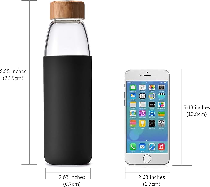 veegoal Glass Water Bottles 18 Oz Borosilicate with Bamboo Lid, BPA-FREE, Non-Slip Silicone Sleeve, and Stainless Steel Leak Proof Lid - Glass Water Bottle for Men and Women