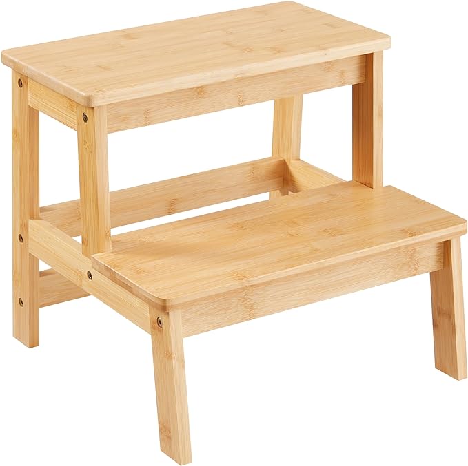 Bamboo Step Stools for Adults Kids, 2 Step Stool for Kichen/Bathroom/Bedside Step Stool - Holds up to 350Lb (Natural)