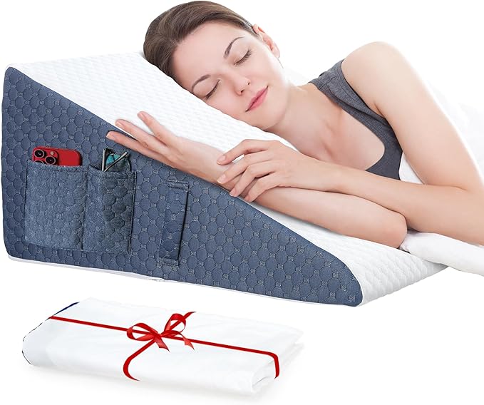 Wedge Pillow with Extra Replaceable Washable Covers, 2024 New 12'' Bed Wedge Pillow for Sleep Apnea, Acid Reflux, Heartburn, GERD, Cooling Memory Foam Top Incline Pillow for Improved Sleep