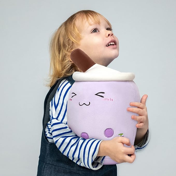 Niuniu Daddy Boba Plushies 13.7inch Purple Bubble Tea Stuffed Animals for Kids Kawaii Grape Fruit Cuddle Pillow for Toddler Huggling Pillow for Boys Gilrs