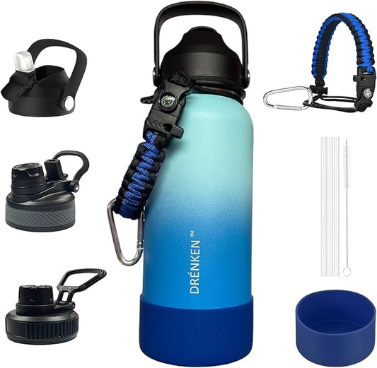 Water Bottle, Insulated water bottle, Stainless steel water bottle for kids men women Sports water bottle 32 oz Water bottle with straw Insulated Flask (Gradient Blue)