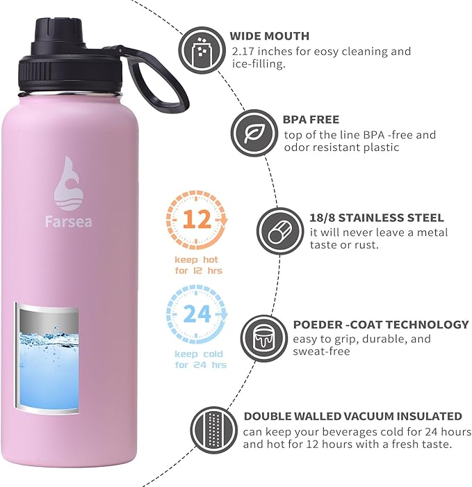Farsea Insulated Water Bottle With Paracord Handle, Protective Boot and 2 Lids (Straw Lid & Spout Lid), Stainless Steel Water Bottle Wide Mouth, Double Wall Sweat-Proof BPA-Free, 40 oz