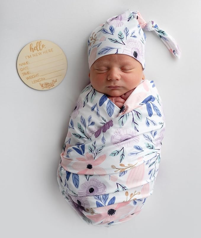 Newborn Baby Girl Receiving Blanket Swaddle Blanket Stretchy Knit Swaddle Set with Matching Headband Beanie with a Name Card (Pink and Purple Floral)