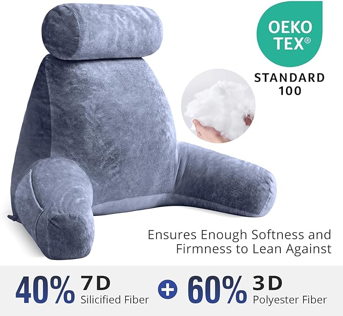 Sasttie Reading Pillow for Sitting in Bed Adult, Extra Large Back Pillow for Bed, Backrest Pillow with Detachable Head Support Cushion, College Dorm Essentials for Girls and Boys, Grey Purple