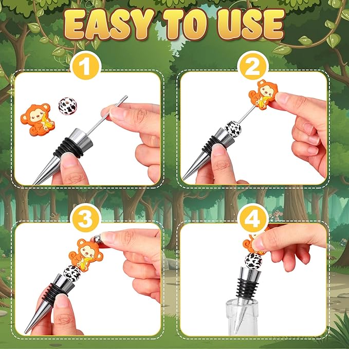 Gisafai 60 Pcs Beadable Wine Stoppers Bulk Include Beadable Bottle Stoppers Silicone Reusable Wine Saver Corks with Bags Labels Ropes for Baby Shower Gifts DIY Safari Jungle Animal Party Bar