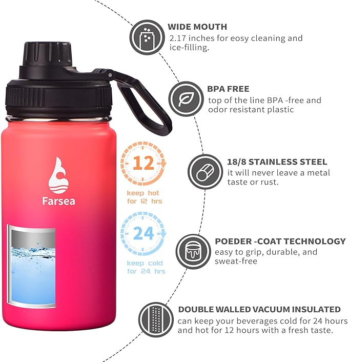 Farsea Insulated Water Bottle With Paracord Handle, Protective Silicone Boot and 2 Lids (Straw Lid & Spout Lid), Stainless Steel Water Bottle Wide Mouth, Double Wall Sweat-Proof BPA-Free,12 oz