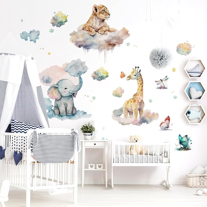 Watercolor Animals Wall Decals Elephant Lion Giraffe Wall Stickers Colorful Butterfly Clouds for Baby Boy Girl Room Decor Decals Peel and Stick Airplanes Kids Wall Stickers Nursery Decor