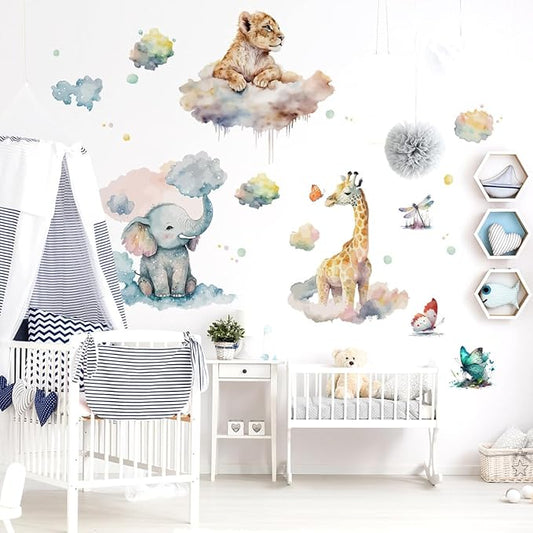 Watercolor Animals Wall Decals Elephant Lion Giraffe Wall Stickers Colorful Butterfly Clouds for Baby Boy Girl Room Decor Decals Peel and Stick Airplanes Kids Wall Stickers Nursery Decor