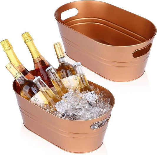 Ice Buckets for Parties 2 Pcs 3 Gallon Galvanized Beverage Metal Tub Champagne Drink Wine Coppery Large Ice Bucket with Scoops for Cocktail Mimosa Bar Supplies