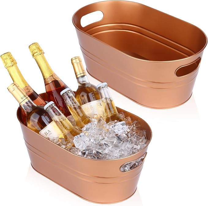 Ice Buckets for Parties 2 Pcs 3 Gallon Galvanized Beverage Metal Tub Champagne Drink Wine Coppery Large Ice Bucket with Scoops for Cocktail Mimosa Bar Supplies