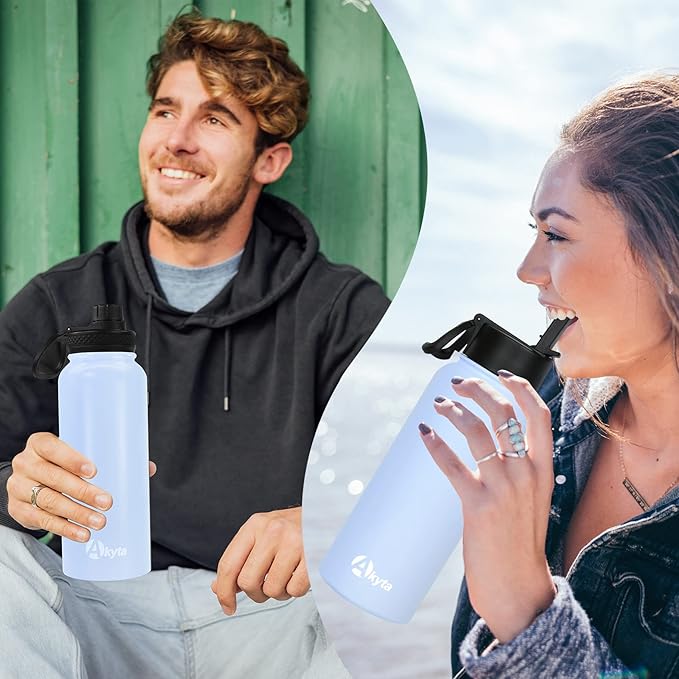 Sports Stainless Steel Water Bottle with Straw, Spout lid-32OZ -Wide Mouth Vacuum Insulated Thermos Water Bottles, Keep Water Cold/Hot, Metal Water Bottle for Biking Hiking (Light Blue, 32OZ)