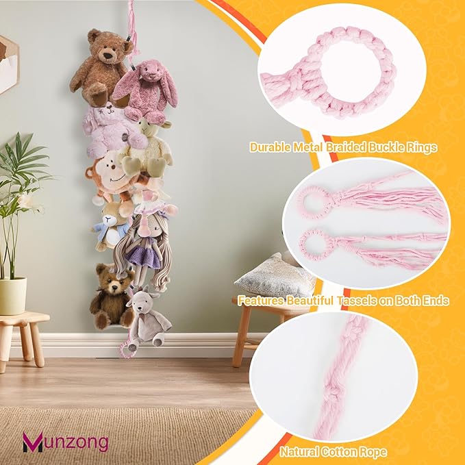 Stuffed Animal Storage Chain 80 Inch, 4pcs Pink Hanging Stuff Animals organizer, Cotton Toy Display Chain with 80 Clips, Toys Organizers Holder for Toddler Kids Nursery Room Wall Corner Decor