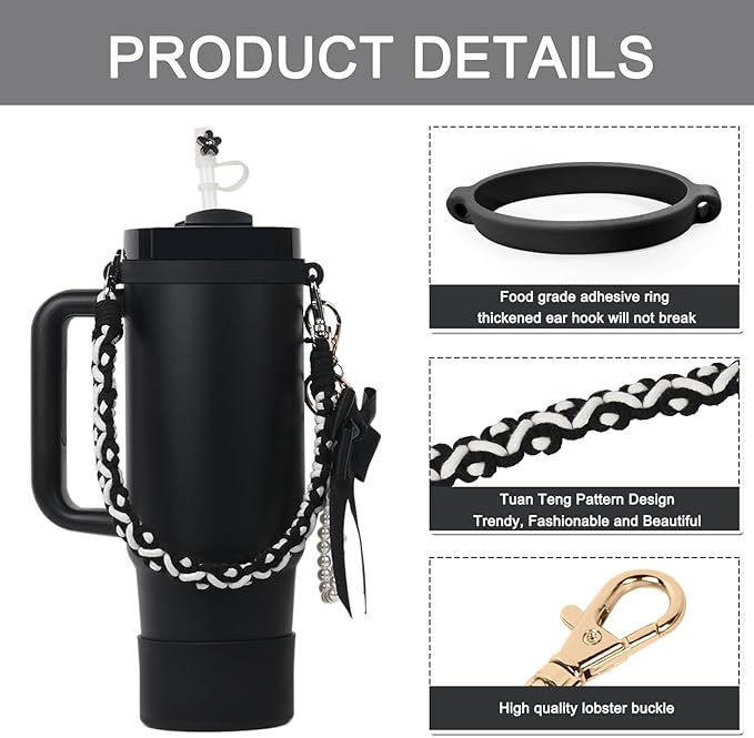 Stanley Cup Accessories Set- Water Bottle Handle Strap, Stanley Cup Protective Silicone Boot, Straw Lid Bow Design Stanley Charms for Stanley Cup 40oz /30 oz Tumbler (black)