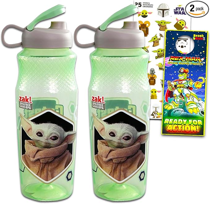 Disney Baby Yoda Water Bottle School Supplies - Baby Yoda Water Bottle Kids Bundle Includes 2 Star Wars Baby Yoda Water Bottles Plus Baby Yoda Stickers and Door Hanger | Grogu Water Bottle Kids