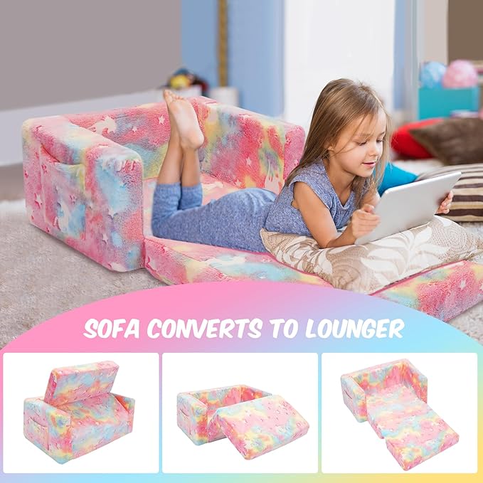 Kids Couch, Fold Out Kids Sofa Chair, Toddler Convertible Sofa to Lounger Pull Out Couch, Glow in The Dark Sofa Chair for Boys and Girls (Pink Large)