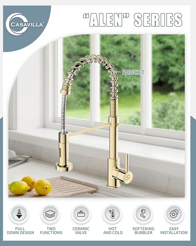 Kitchen Faucet, Commercial Kitchen Sink Faucets with Pull Down Sprayer, Stainless Steel Faucets for Kitchen Sinks, Dual Function Spray Head, Single Handle Spring Kitchen Faucets -Gold