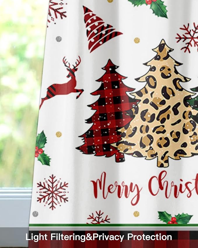 Merry Christmas Kitchen Curtains Valances for Windows Farm Christmas Tree Buffalo Plaid Leopard Rod Pocket Window Treatment for Kitchen/Living Room/Bedroom/Bathroom,42" X 12" -1 Panel, Holiday Decor