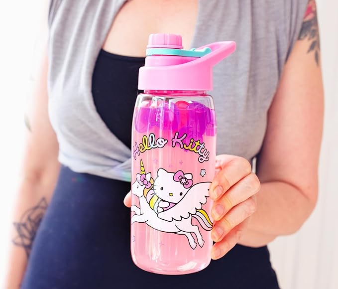Sanrio Hello Kitty Unicorn Twist Spout Plastic Water Bottle Jug and Sticker Set For Personalizing | Holds 20 Ounces