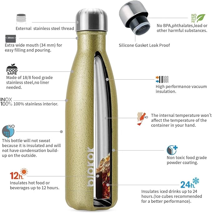 BJPKPK Insulated Water Bottles 17oz, Leak Proof Stainless Steel Water Bottle Keeps Cold for 24H and Hot for 12H, BPA Free Water Bottle,Gold
