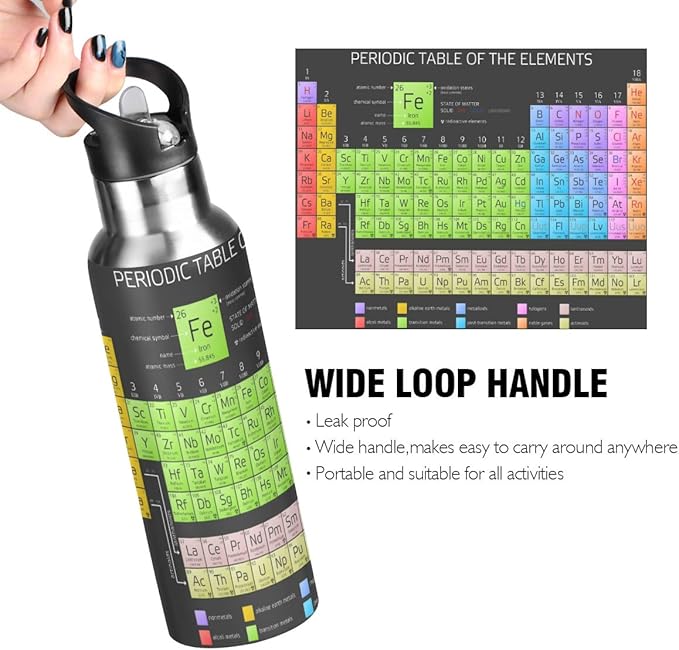 Periodic Table Of The Elements Water Bottle with Straw Lid for Fitness Gym Camping Outdoor Sports, Wide Mouth Vacuum Insulated 18/8 Stainless Steel, 22 oz