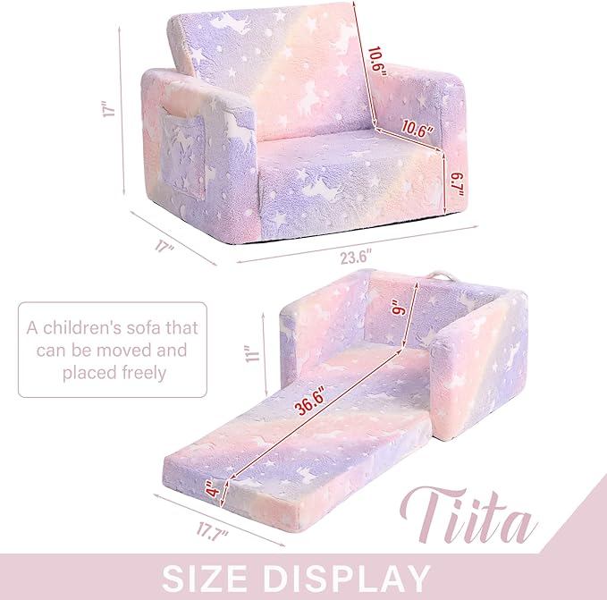 Tiita Kids Sofa, 2-in-1 Kids Sofa Chair, Convertible Children Couch to Lounger, Flip Out Kids Sofa Chair, Toddler Armrest Chair Bed, Folding Kids Play Sofa for Girl or Boy(Twill Pegasus)