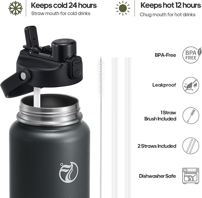 Half Gallon Insulated Water Bottle with 2-in-1 Lid (Chug Lid/Straw Lid), 40/64oz Double Walled Vacuum Stainless Steel Water Bottles, Water Jug with Straw