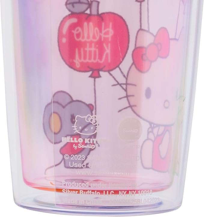 Silver Buffalo Sanrio Hello Kitty Valentine’s Day Heart Balloons Double Wall Travel Tumbler with Slide Close Lid, 20 Ounces