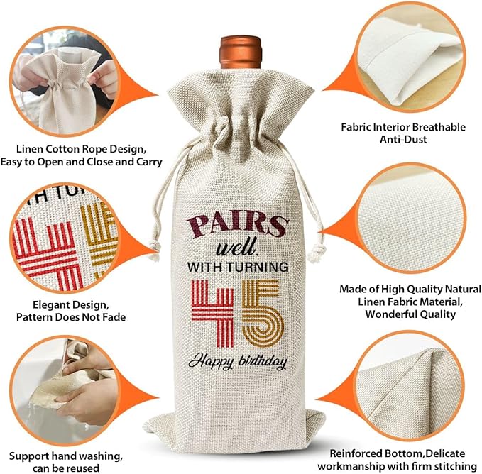 45th Birthday Wine Gift Bag For Wife Sister Friend Mom Dad Women Men Her Him, 1979 Birthday Gift, 45th Anniversary Wine Bag, 45th Birthday Party Decoration, Pairs Well With Turning 40th