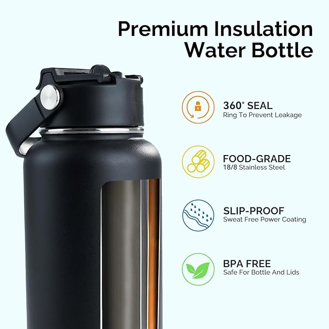 Kerilyn 32oz Stainless Steel Insulated Water Bottle, Double Wall Vacuum, Leak Proof with Silicone Straw, Wide Mouth, BPA Free, Copper Lined, Keep Cold 24h Hot 12h, Black