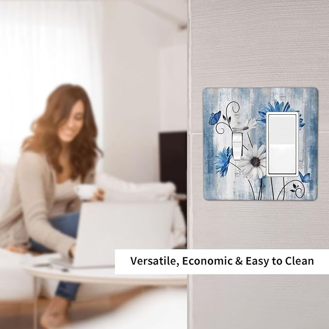 Rustic Teal Blue Daisy Floral 2 Gang Single Toggle Rocker Combination Light Switch Covers Wall Plate Cover Electrical Faceplate Decorative Switchplate for Country Bathroom Bedroom Kitchen Decor