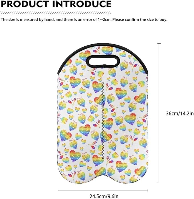 doginthehole 2 Bottle Wine Carrier Gift Bag Colorful Heart Print Neoprene Wine Tote Portable Champagne/Water Bottle/Beer/Drinks Carrying Bag for Travel, Picnic, Party