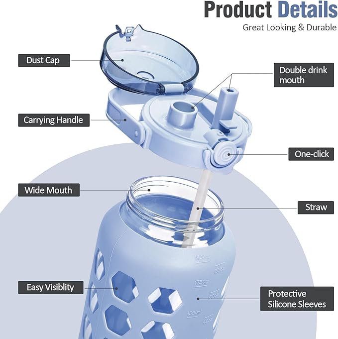 MUKOKO Half Gallon/64 oz Glass Water Bottles with Straw and Lid,Motivational Water Jug with Time Marker Reminder and Silicone Sleeve,100% Leakproof BPA Free Fitness Sports Large Bottle-Light Blue