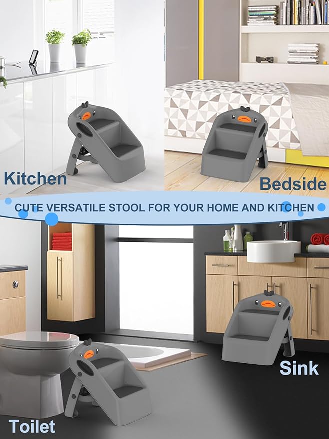 Toddler Kids Step Stool for Bathroom Sink Dark Grey | Foldable 2 Step Stool for Kids 1-4 Years Old | Dual Height 15.5" Child Kitchen Helper with Handles - Easy to Move, Slip-Resistant