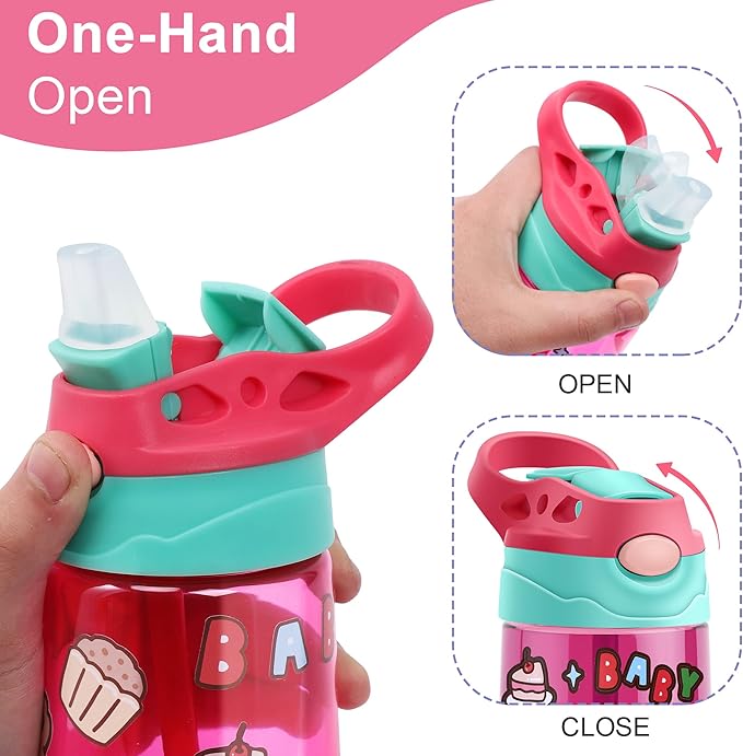 Kids Water Bottle for School 16 OZ Water Bottle with Straw BPA-Free Reusable Leak-proof Water Bottles with One-handed Opening Straw Lids, Anti-dust Spout Cover (PINK)