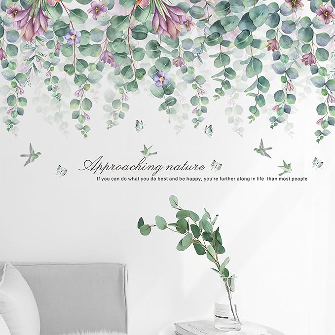 Green Plants Leaves Wall Decals Peel and Stick Large Hanging Vines Wall Stickers Bedroom Living Room Sofa TV Background Wall Decor