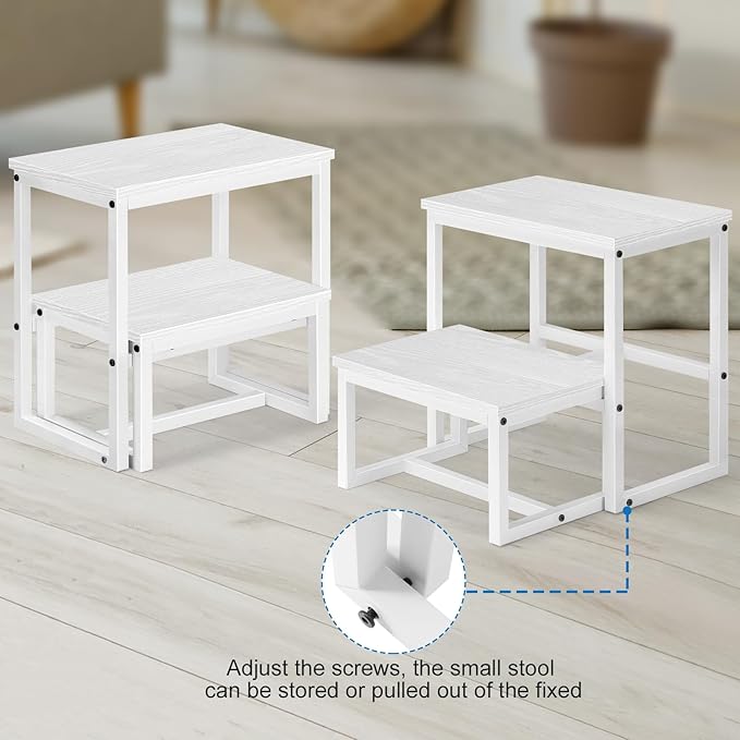 LIANTRAL Step Stools for Adults Kids, 3 in1 Heavy Duty Sturdy Two Step Stool, Supports Up to 500lb, Wooden Board Metal Frame, Foot Stool for High Bed Kitchen Bathroom - White