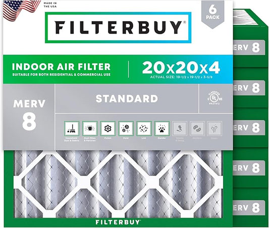 Filterbuy 20x20x4 Air Filter MERV 8 Dust Defense (6-Pack), Pleated HVAC AC Furnace Air Filters Replacement (Actual Size: 19.50 x 19.50 x 3.63 Inches)