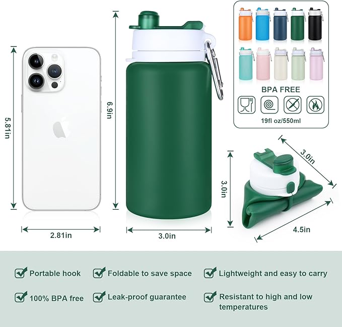 Collapsible Water Bottle, Foldable Water Bottle BPA Free Reusable Lightweight Leak-Proof Travel Silicone Water Bottle for Travel, Gym, Hiking, Office, Camping
